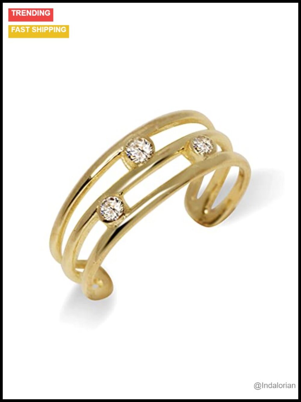 10K Gold 3 Row Simulated Diamond Toe Ring - Adjustable Non Tarnish Boho Toe Ring